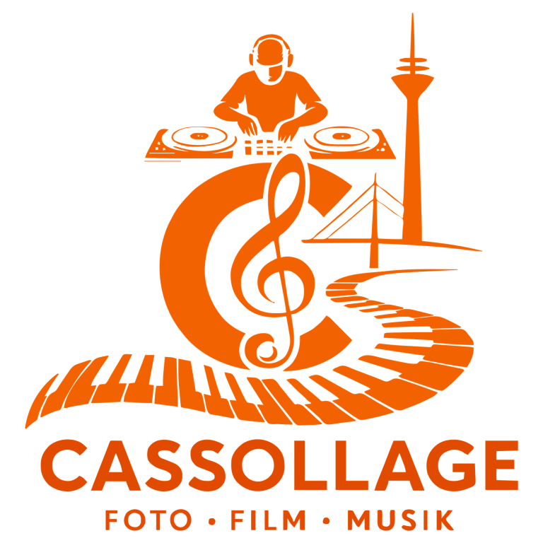 Cassollage – Foto · Film · Musik Cassollage – vollständiges Logo mit DJ, Klaviatur und Düsseldorfer Rheinturm; Foto · Film · Musik.